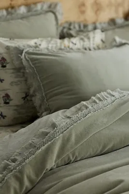 Victoria Ruffle Duvet Cover - Green, Cotton Velvet by Anthropologie, image 2
