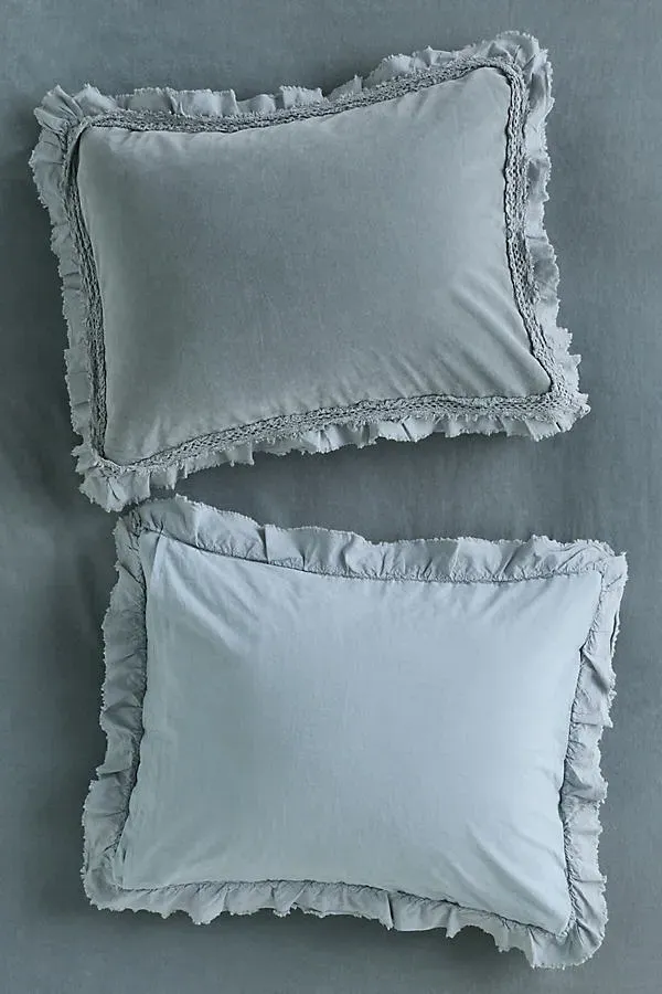Victoria Ruffle Pillow Shams Set of 2 - Blue, Cotton Velvet by Anthropologie