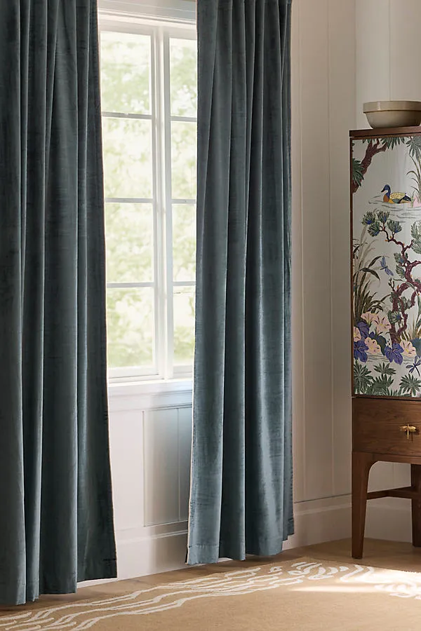 Washed Piped Velvet Curtain - Blue, Cotton/Rayon by Anthropologie