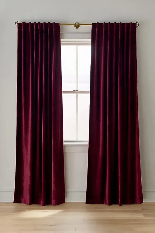 Washed Piped Velvet Curtain - Red, Cotton/Rayon by Anthropologie