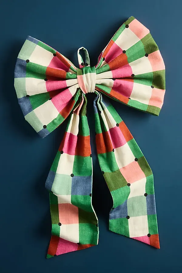 Willow Plaid Bow Ornament - Green, Cotton by Anthropologie