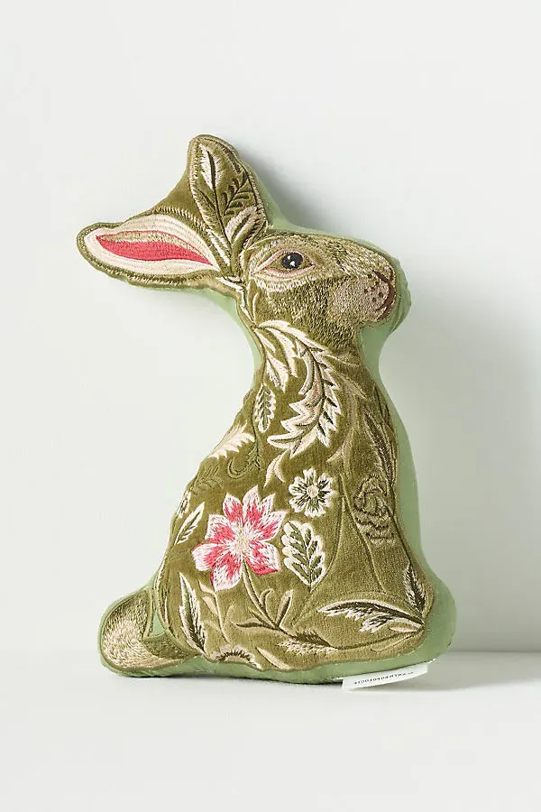 Woodland Cotton Embroidered Bunny Pillow - Green by Anthropologie