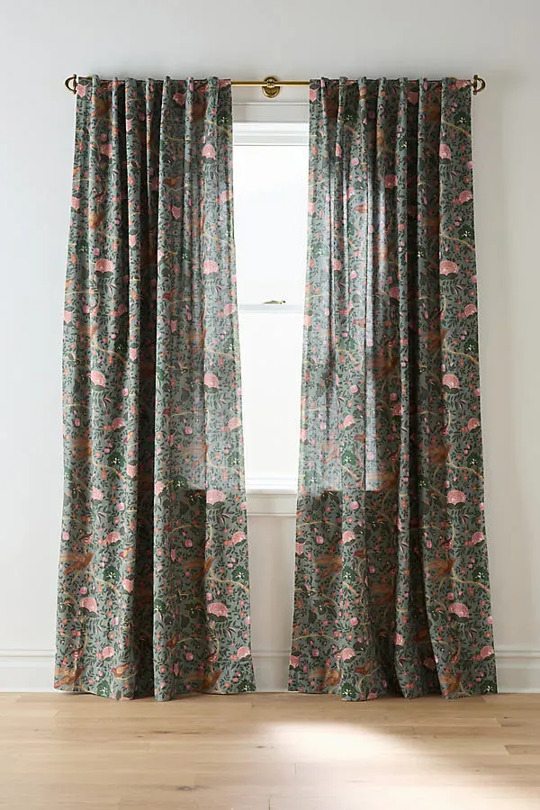 Wren Printed Woven Bird Curtain - Grey, Cotton by Anthropologie