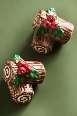 Yule Log Holiday Salt & Pepper Shakers - Brown, Dolomite by Anthropologie, alternate view