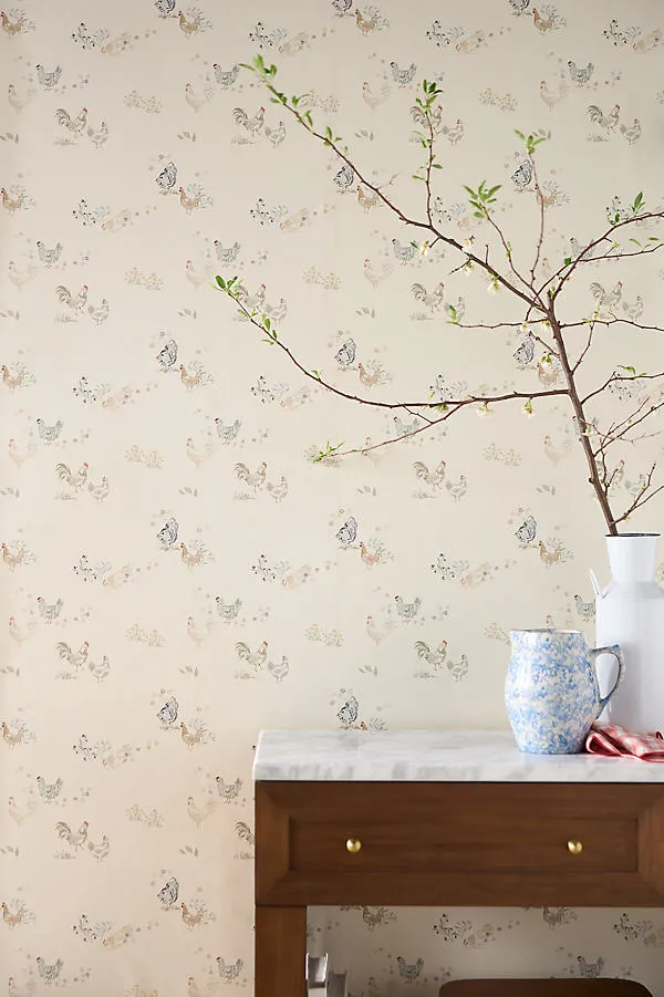 Spring Chickens Animals Floral Wallpaper - Ivory by Anthropologie