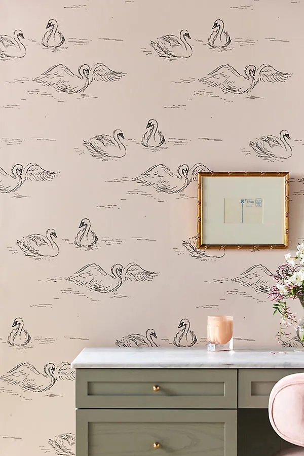 Swans Rose Quartz Wallpaper - Beige by Anthropologie