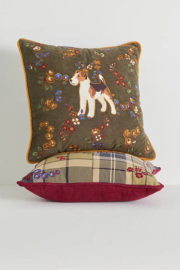 Anthropologie Embroidered Corduroy Tartan Dog Pillow - Green, Cotton