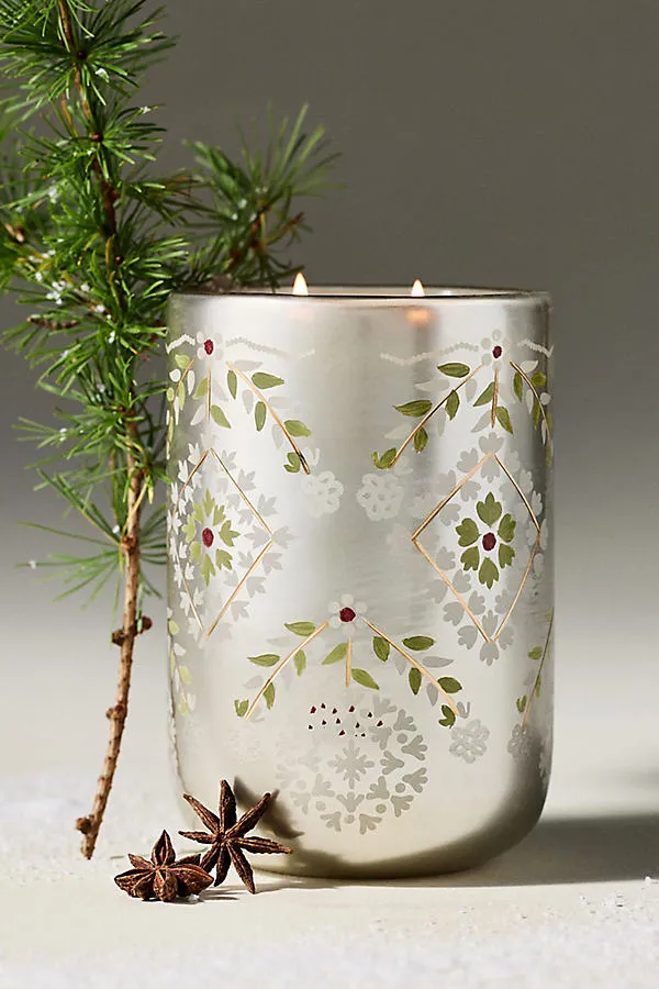 Frosted Garland Medium Glass Decorator Candle - Silver by Anthropologie