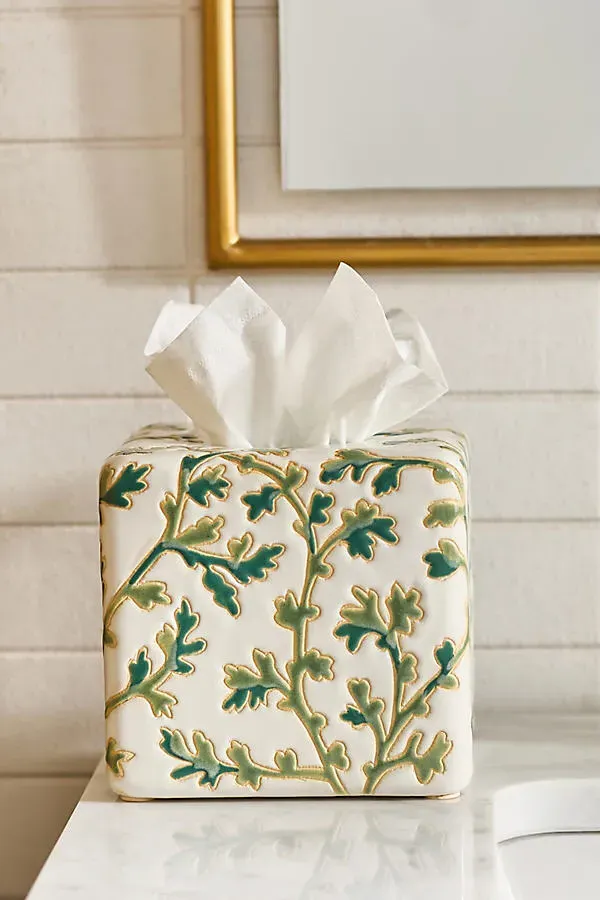 Hand-Painted Ceramic Tissue Box - Green by Anthropologie