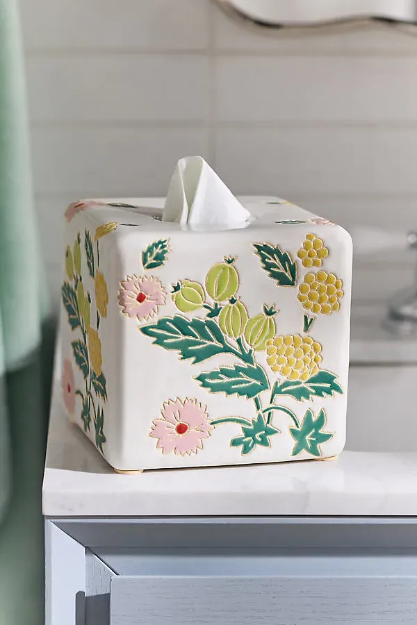 Hand-Painted Ceramic Tissue Box - White by Anthropologie