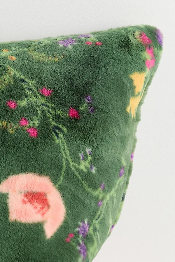 Printed Faux-Fur Throw Pillow - Green, Polyester by Anthropologie, alternate view