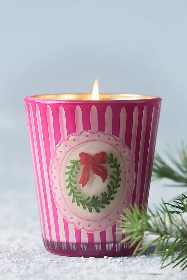 Wreath Icon Frosted Garland Glass Candle - Pink by Anthropologie