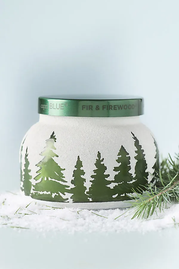 Capri Blue Fir & Firewood Etched Glass Jar Candle - Green by Anthropologie