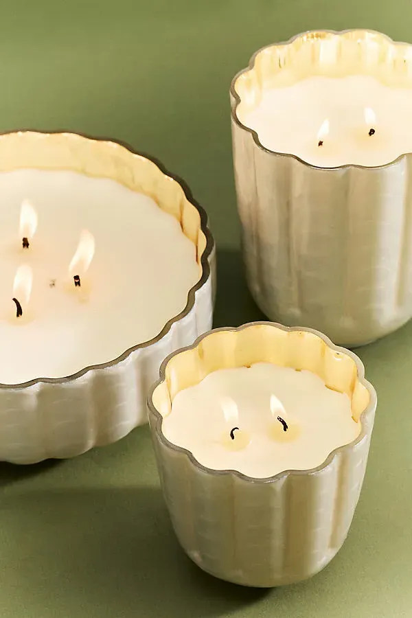 Volcano Large Scalloped Capiz Glass Candle - White by Anthropologie