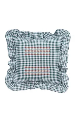 Embroidered Gingham Ruffle Pillow - Green, Cotton product
