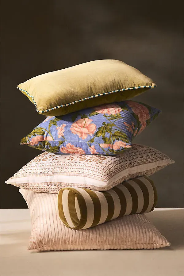 Stripe Bolster Cushion Pillow - Green, Cotton Velvet by Anthropologie