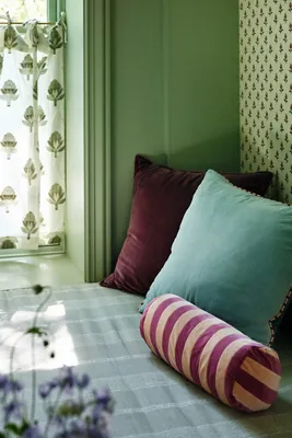 Stripe Bolster Cushion Pillow - Pink, Cotton Velvet by Anthropologie, image 2