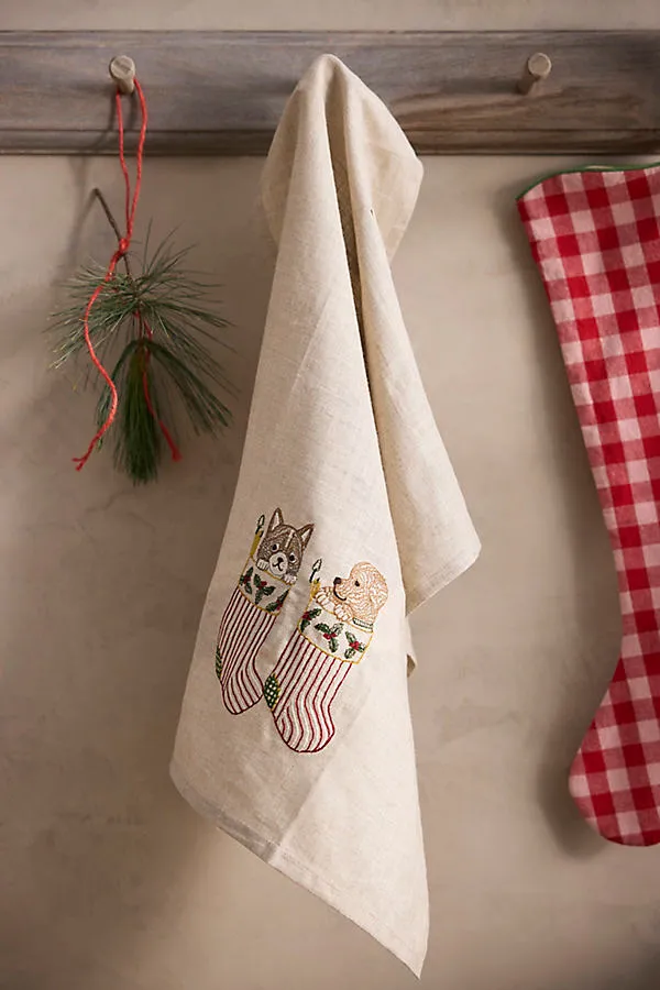 Coral & Tusk Stockings Embroidered Dish Towel - Linen by Anthropologie