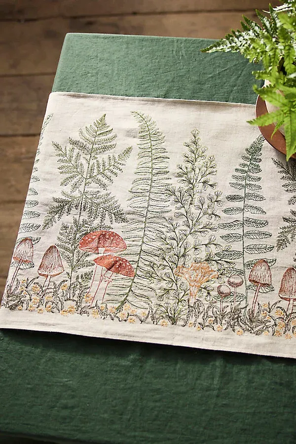 Mushroom and Fern Embroidered Table Runner - Linen by Anthropologie, alternate view