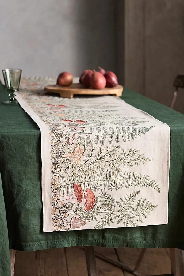 Mushroom and Fern Embroidered Table Runner - Linen by Anthropologie