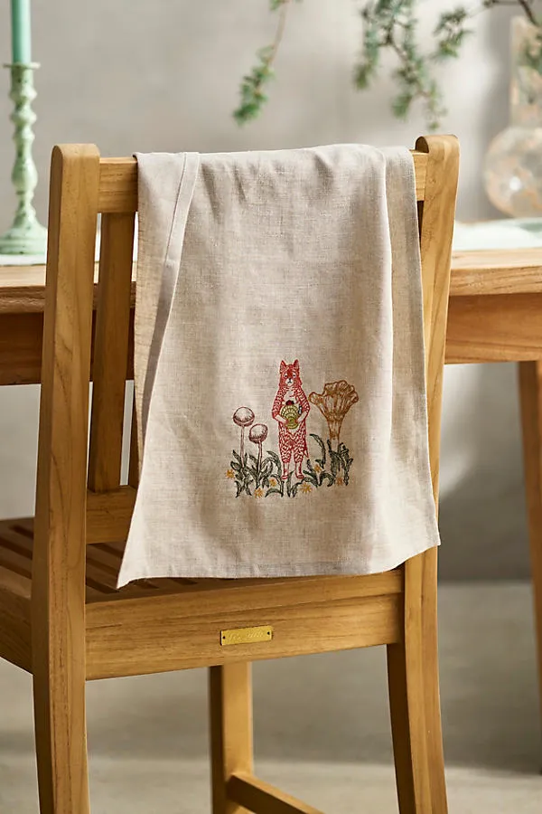 Mushroom Fox Embroidered Dish Towel - Linen by Anthropologie