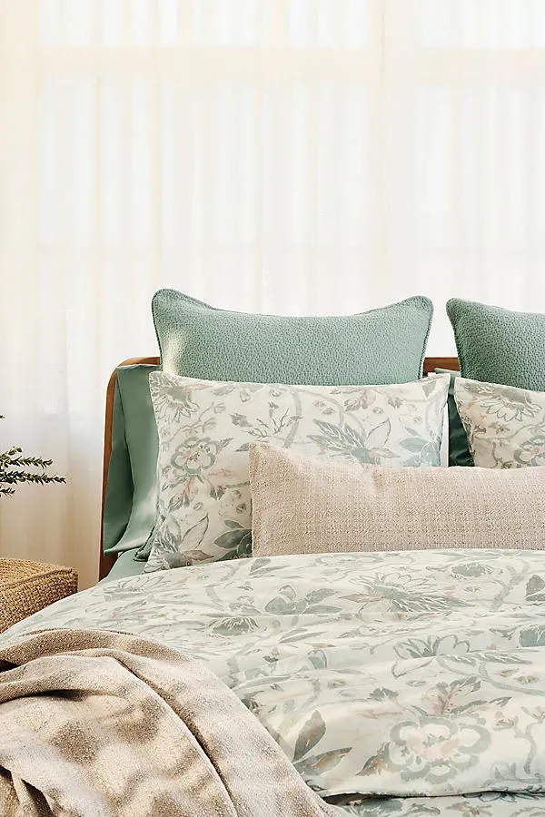 Sea Bloom California King Duvet Cover - Green, Cotton/Linen by Anthropologie