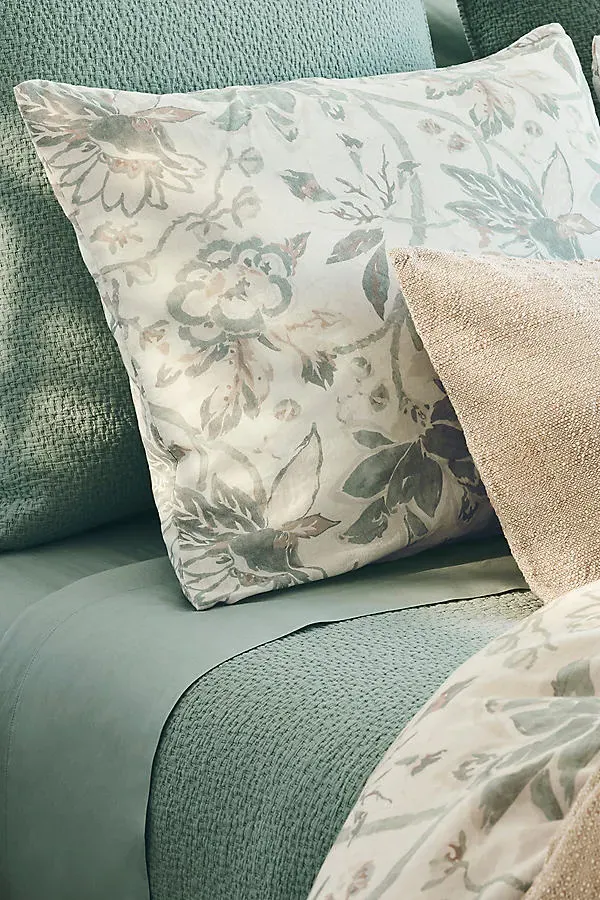 Sea Bloom Print Euro Sham - Green, Cotton/Linen by Anthropologie