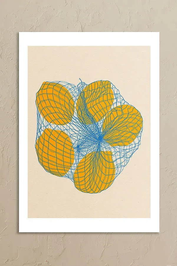 Five Lemons In a Net Bag Wall Art Print - Yellow product