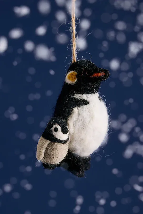 Snuggly Penguins Needle-Felted Christmas Ornament - Black, Wool by Anthropologie