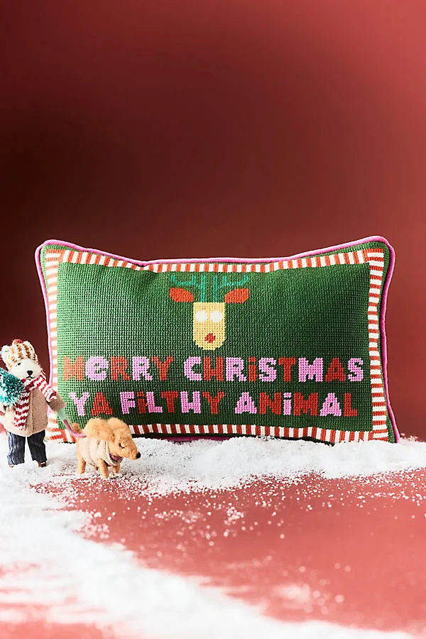 Furbish Studio Holiday Needlepoint Throw Pillow - Green, Wool-Cotton by Anthropologie