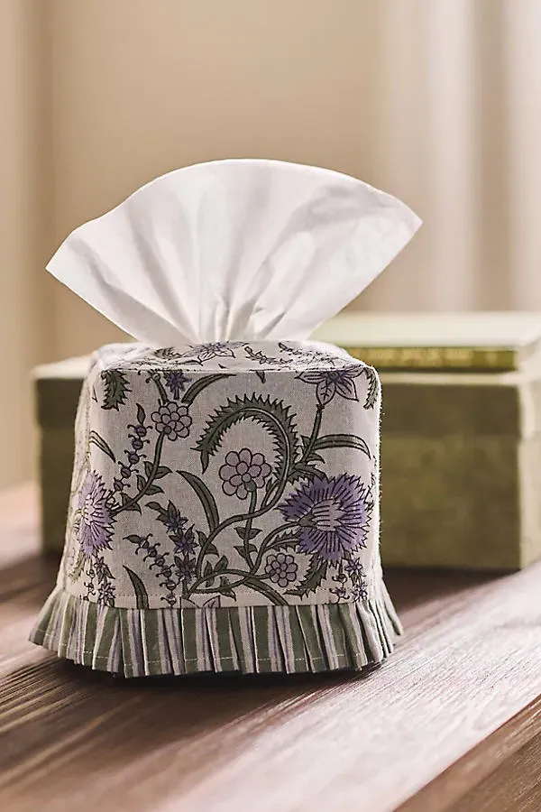 Print Ruffle Tissue Box Cover - Purple, Cotton product