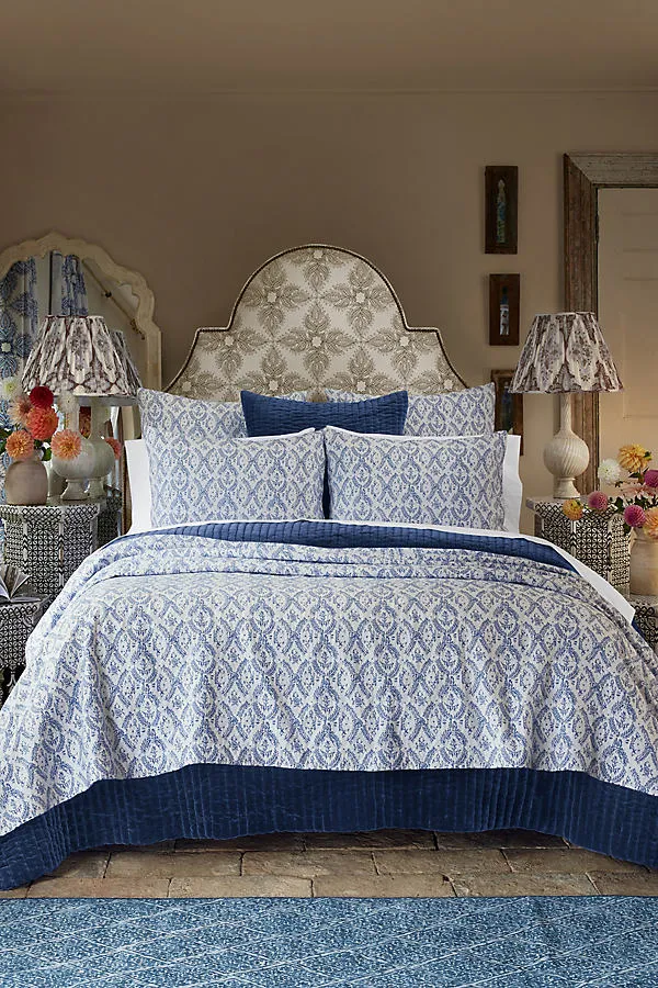 Aashna Queen Size Jacquard Coverlet - Blue, Cotton by Anthropologie