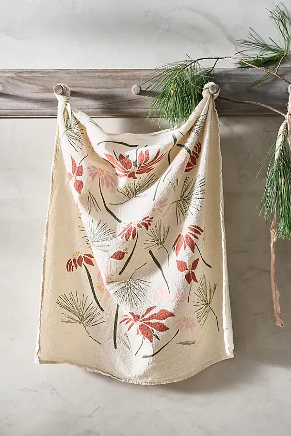 Poinsettia + Greens Dish Towel - Cotton by Anthropologie
