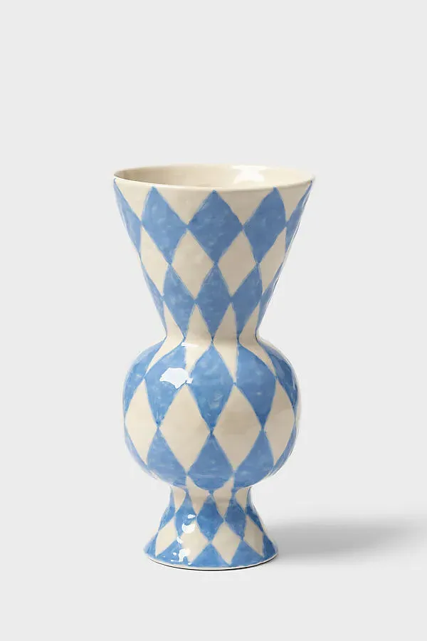 &Klevering Rhombic Handpainted Vase - Blue, Stoneware by Anthropologie