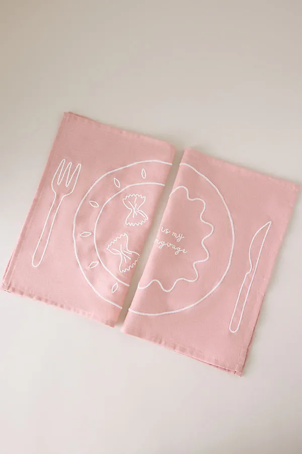 Embroidered Placemats Set of 2 - Pink, Cotton-Linen by Anthropologie