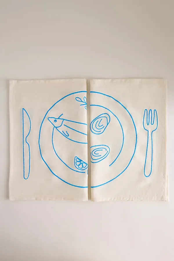 Embroidered Placemats Set of 2 - White, Cotton-Linen by Anthropologie