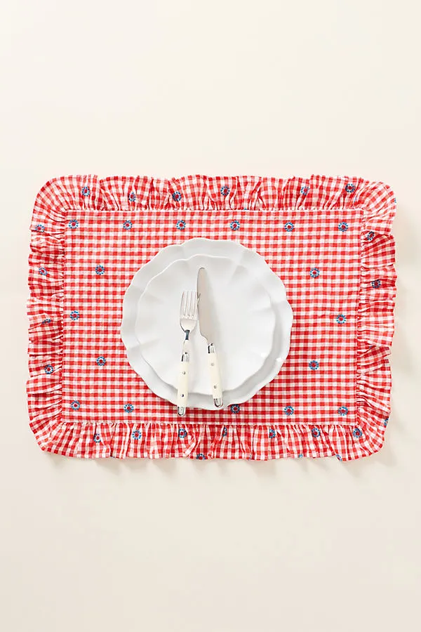 Placemats Set of 2 with Ruffle Trim - Cotton, Polyester by Anthropologie