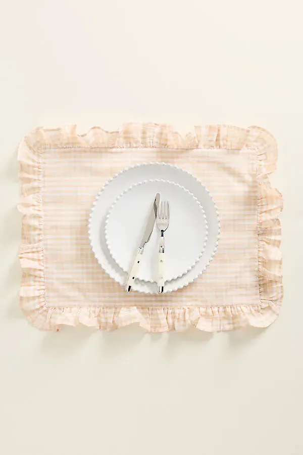 Placemats Set of 2 with Ruffle Trim - Ivory, Cotton by Anthropologie