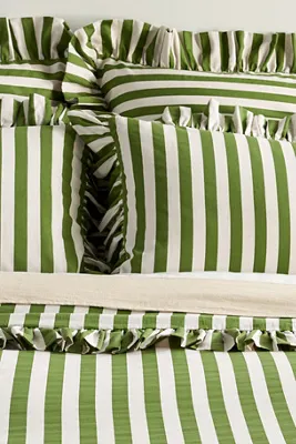 Cotton Striped Ruffle Printed Duvet Cover - Green alternate view