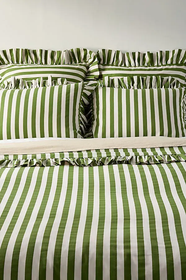 Cotton Striped Ruffle Printed Duvet Cover - Green product