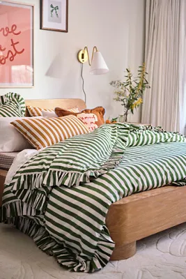 Cotton Striped Ruffle Printed Duvet Cover - Green product