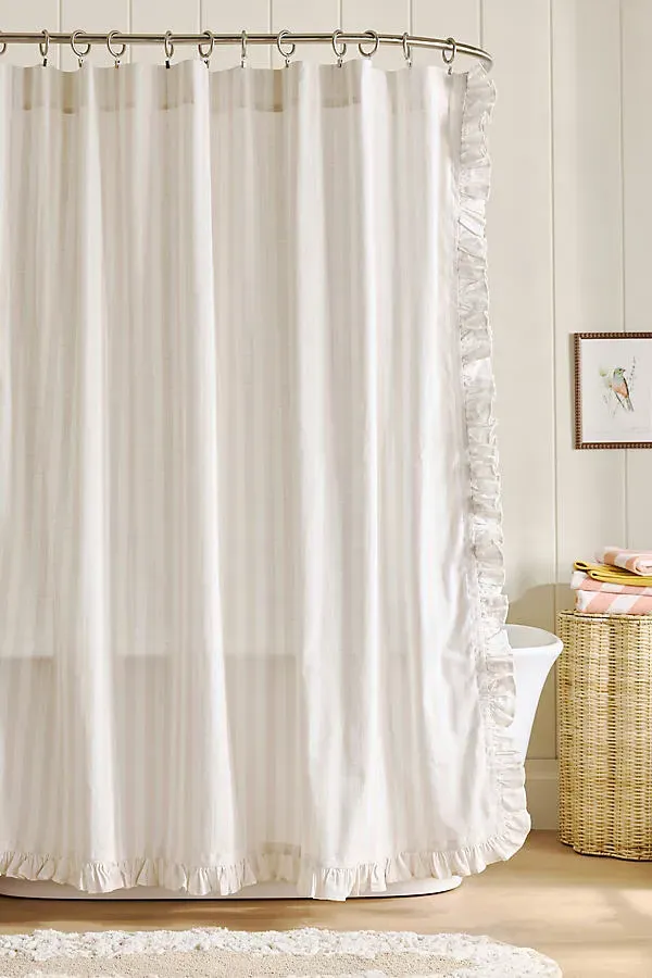 Organic Cotton Ruffled Stripe Shower Curtain - Beige by Anthropologie