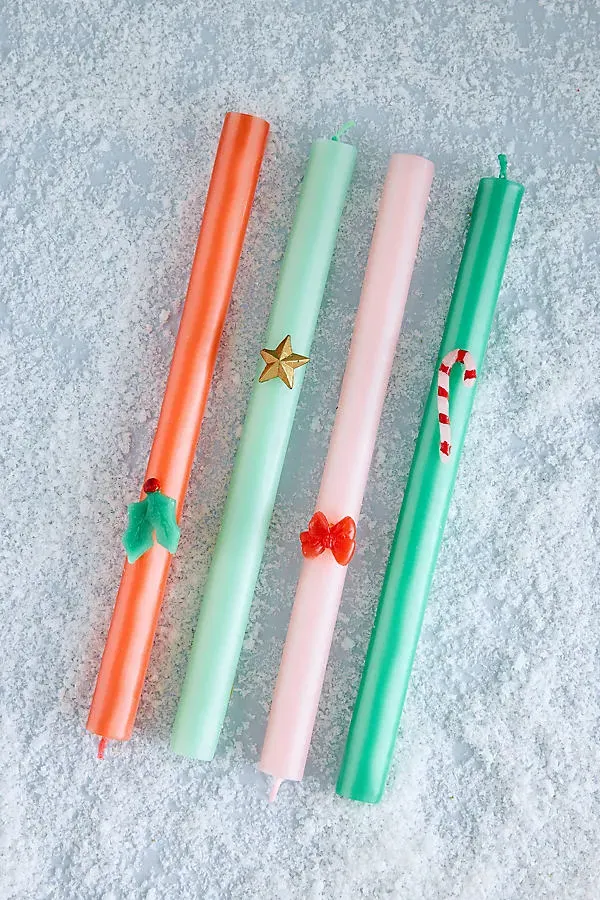 Festive Striped Table Candles Set of Four - Red, Green by Anthropologie