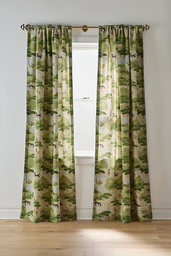 Merve Kahraman Forest Print Curtain - Green, Cotton Linen by Anthropologie