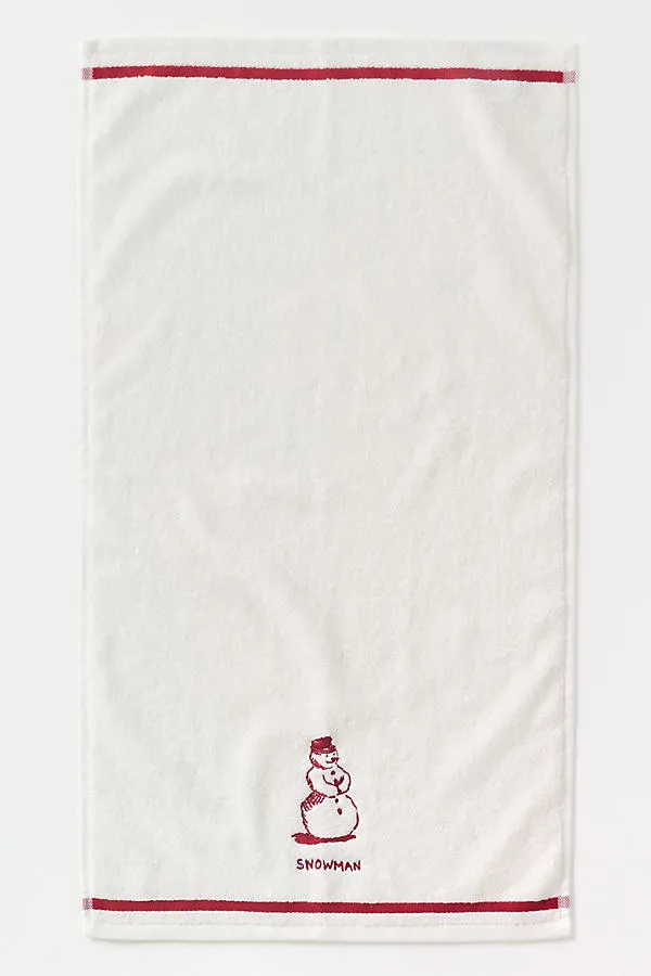 Cotton Woven Embroidered Snowman Hand Towel - White by Anthropologie