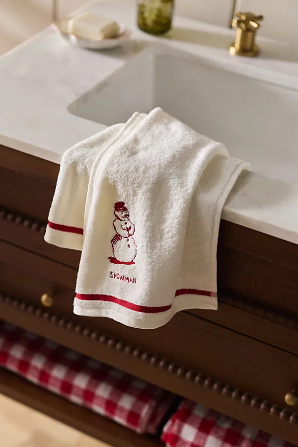 Molly Hatch Embroidered Snowman Hand Towel - White, Cotton by Anthropologie