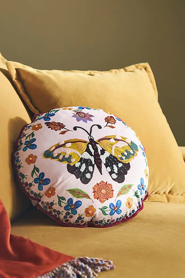 Anthropologie Embroidered Velvet Round Cushion - Purple product