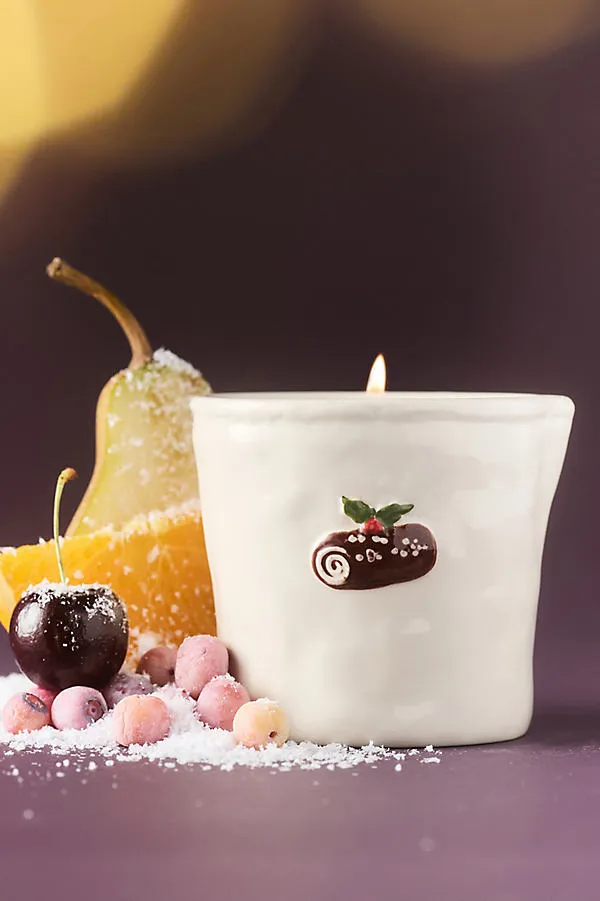 Bistro Yule Log Icon Ceramic Candle - White, Cotton by Anthropologie