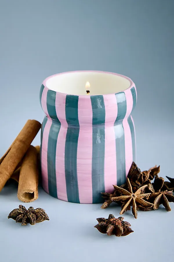 Cabana Cinnamon & Clove Striped Ceramic Candle - Pink by Anthropologie
