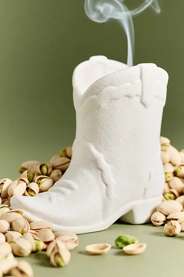 Gourmand Smoked Pistachio Ceramic Cowboy Boot Candle - White product